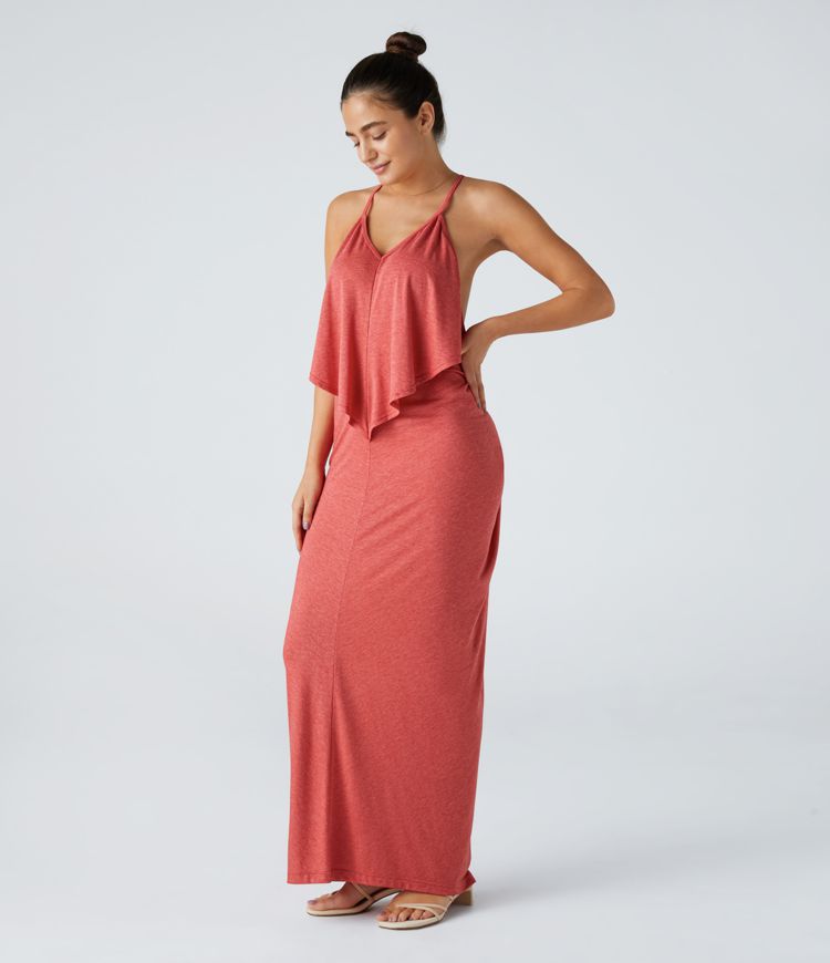 V-Ausschnitt Rückenfreies Band Rücken gerüschtes Maxi Resort Slip Kleid