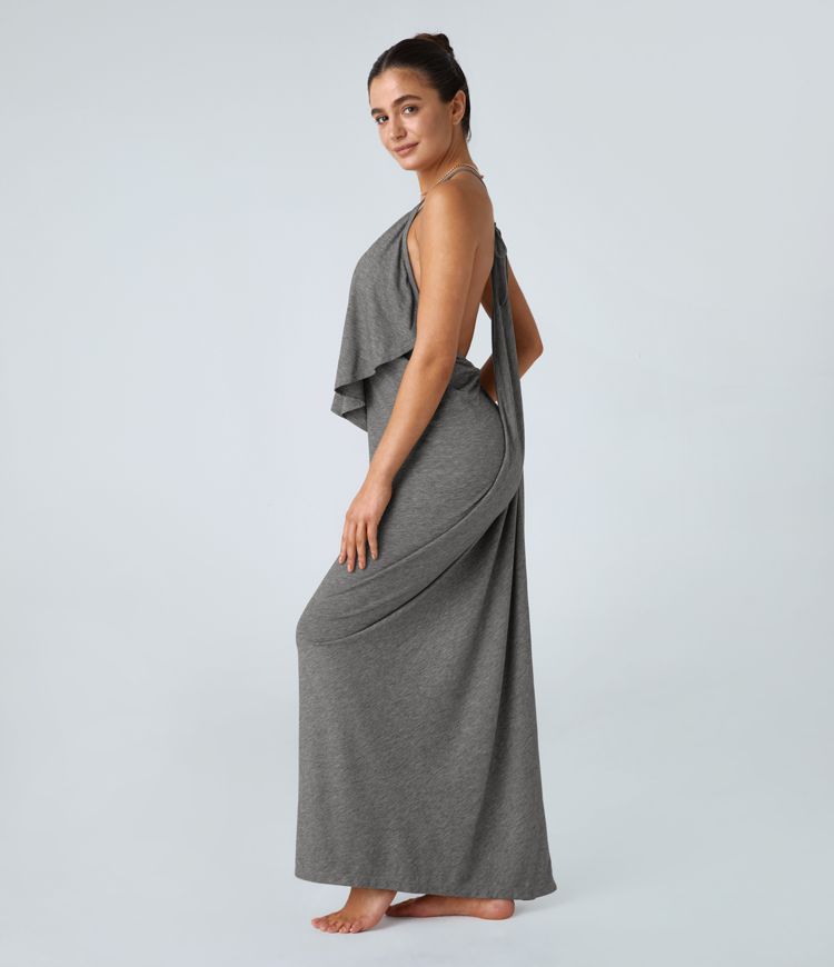 V-Ausschnitt Rückenfreies Band Rücken gerüschtes Maxi Resort Slip Kleid