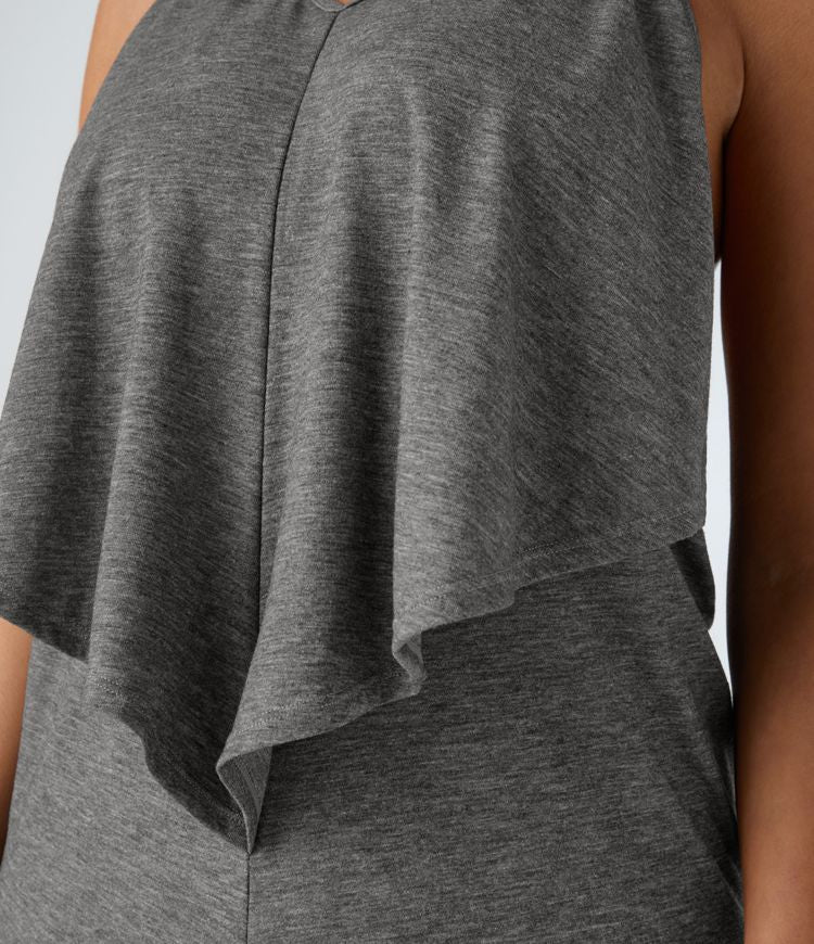 V-Ausschnitt Rückenfreies Band Rücken gerüschtes Maxi Resort Slip Kleid