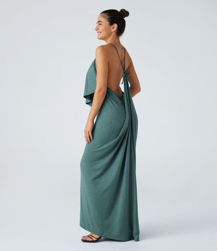 V-Ausschnitt Rückenfreies Band Rücken gerüschtes Maxi Resort Slip Kleid